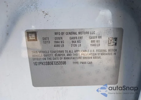 2014 Chevrolet Cruze Lt из США, поврежденный, VIN 1G1PK5SB5E7253598